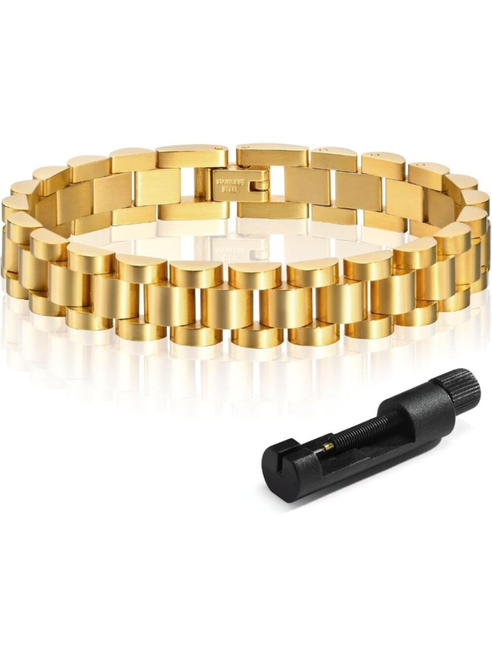 18K Gold Plated Chain Link Bracelets Set - Stainless Steel Crystal Bangles
